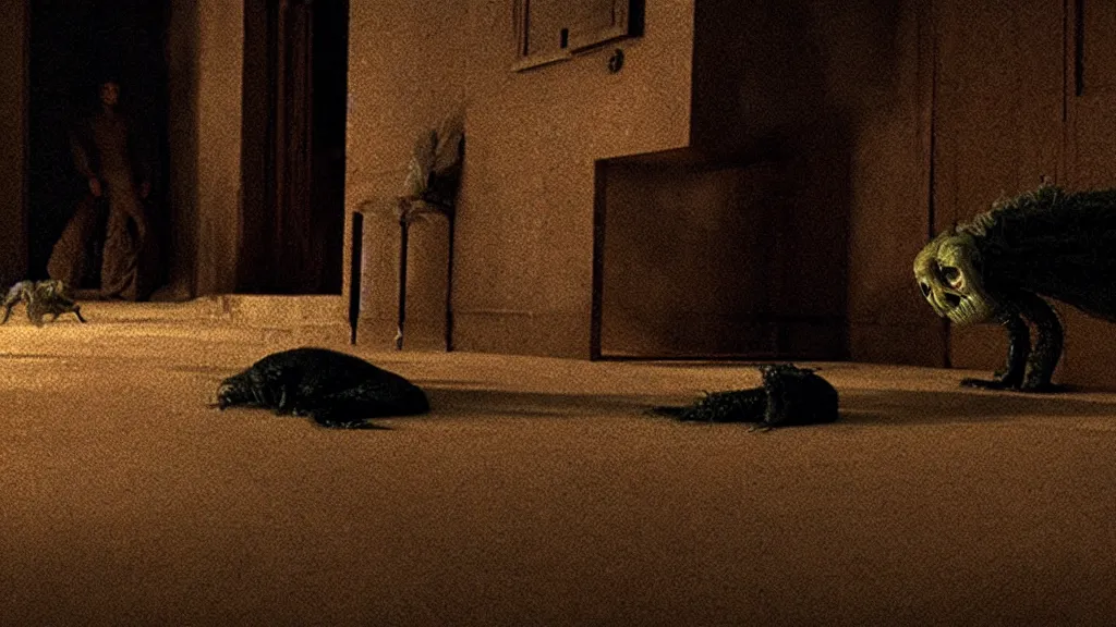 Prompt: the strange creature under the floor, we hear it at night, film still from the movie directed by denis villeneuve and david cronenberg with art direction by salvador dali