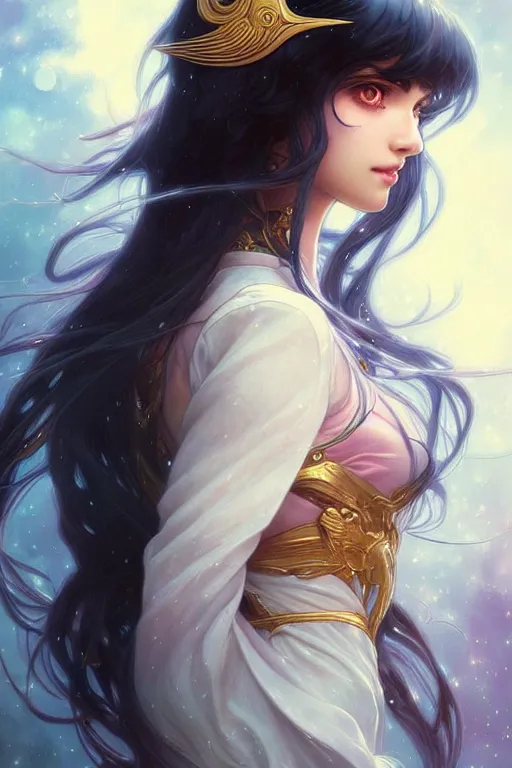 Image similar to a beautiful girl with long dark hair and bangs, sailor moon aesthetic, fantasy, intricate, elegant, highly detailed, digital painting, artstation, concept art, matte, sharp focus, illustration, art by Artgerm and Greg Rutkowski and Alphonse Mucha