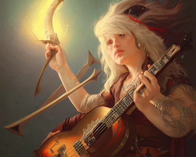 Prompt: photography of a bard with an axe guitar 8 k, deep focus, d & d, fantasy, intricate, elegant, highly detailed, digital painting, artstation, concept art, matte, sharp focus, illustration, hearthstone, art by artgerm and greg rutkowski and alphonse mucha