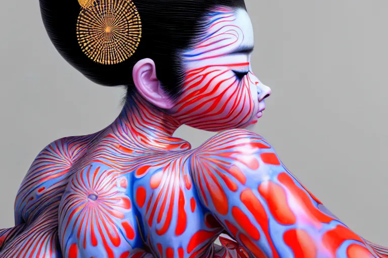 Image similar to hyperrealistic detailed image of a geisha laying in a art installation room, hd smooth interior by yayoi kusama, part by kei mieno, part by alex gray, part by ross tran, part by james jean, ultra realistic, highly detailed, life like face, detailed body, 8 k, octane render, trending on artstation, very cohesive, masterpiece