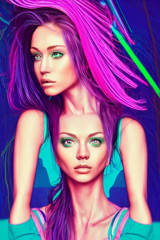 Image similar to a award winning half body portrait of a beautiful woman with stunning eyes in a croptop and cargo pants with ombre purple pink teal hairstyle and hands in pockets by thomas danthony, surrounded by whirling illuminated lines, outrun, vaporware, shaded flat illustration, digital art, trending on artstation, highly detailed, fine detail, intricate