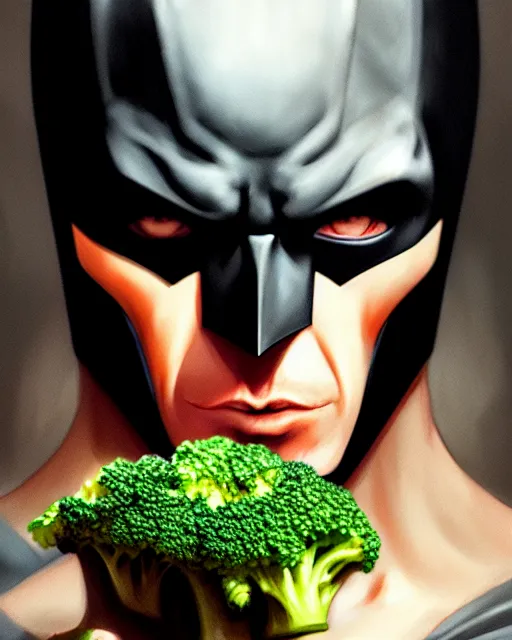 Prompt: Close-up stunning portrait of Batman eating broccoli, digital painting, concept art, highly detailed, digital painting, Trending on Artstation, 8K, by artgerm and greg rutkowski and alphonse mucha