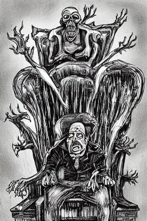 Image similar to a haunted man sitting in a throne, surrounded by your alternative personalities, by ed ( big daddy ) roth