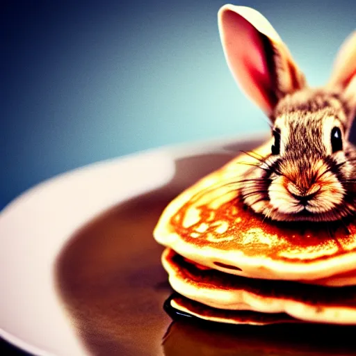 Image similar to a photorealistic photo of a pancake on top of a rabbit\'s head