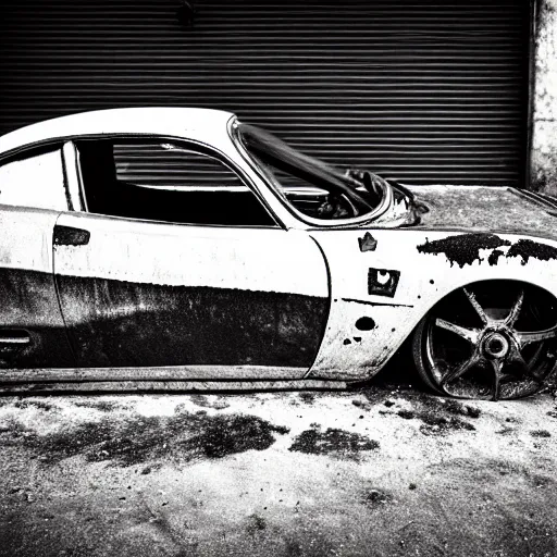 Image similar to black and white press photograph of a rusted abandoned ferrari on an empty abandoned city street, full view, detailed, natural light, mist, film grain, soft vignette, sigma 5 0 mm f / 1. 4 1 / 1 0 sec shutter, imax 7 0 mm footage