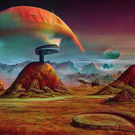 Prompt: Surreal psychedelic extraterrestrial fantasy sci-fi landscape veduta, landscape vista photography by Carr Clifton, by Galen Rowell film Kodak Ektar 8k resolution, concept art by Shaun Tan, by Dan Witz 8K 3D 16K resolution