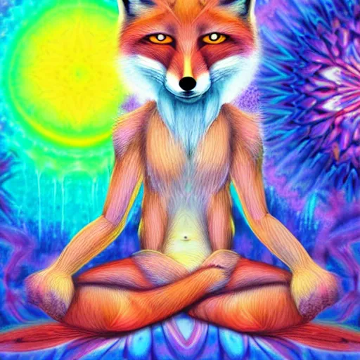 Image similar to an anthromorphic fox man meditating in a garden with a waterfall and clouds, by Lisa Frank in a psychedelic style, digital art