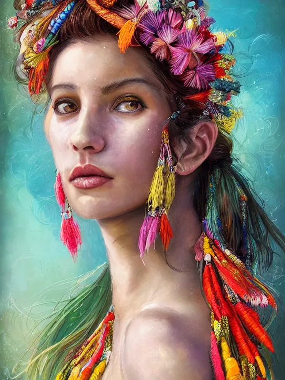 Image similar to beautiful portrait of a mediterranean female wearing fantastic Hand-dyed cotton dress, embellished beaded feather decorative fringe knots ,colorful pigtail,subtropical flowers and plants,symmetrical face,intricate,elegant, highly detailed, 8k,post-processing,digital painting, trending on artstation, concept art, sharp focus, illustration, by artgerm,Tom Bagshaw,Daniel Gerhartz,Albert Aublet,Lawrence Alma-Tadema