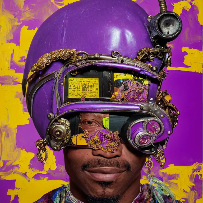 Image similar to portrait of a caribbean welder in ornate motorcycle helmet, background purple plastic bag, circuitboard, rich deep colors, ultra detail, by francis bacon, james ginn, petra courtright, jenny saville, gerhard richter, zdzisaw beksinsk, takato yamamoto. stanley kubrick mood, masterpiece, elegant fashion, studio ighting, 3 5 mm
