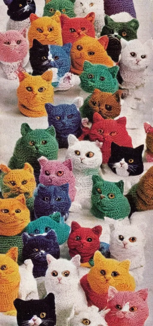 Prompt: multicolored crocheted cats, 1 9 6 0 s catalogue photo,