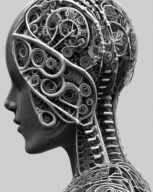 Image similar to mythical dreamy black and white organic bio-mechanical spinal ribbed profile face portrait detail of translucent steampunk beautiful female angelic-human-queen-vegetal-cyborg, highly detailed, intricate trnaslucent ivy jelly ornate, poetic, translucent roses ornate, 3D render, digital art, octane render, 8K artistic photography, photo-realistic, by Dora Maar