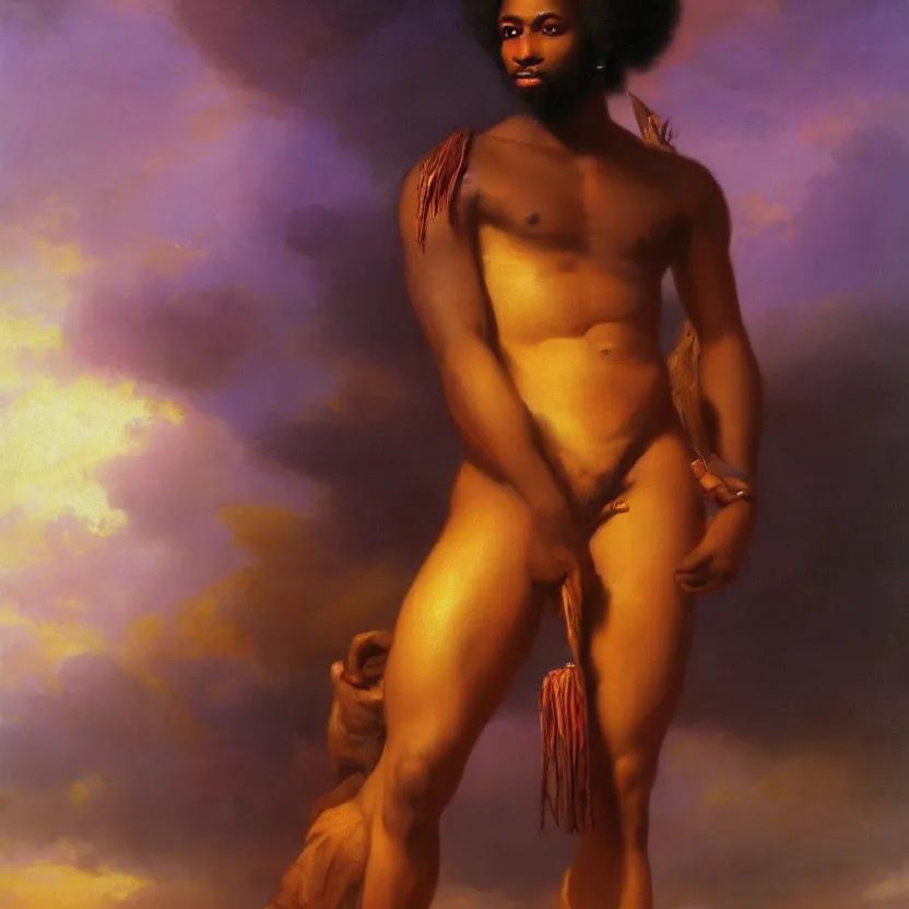 Image similar to handsome african god in a loincloth, posing against a royal purple backdrop by ivan aivazovsky, oil painting, beautiful soft lighting, saturated colours, artstation