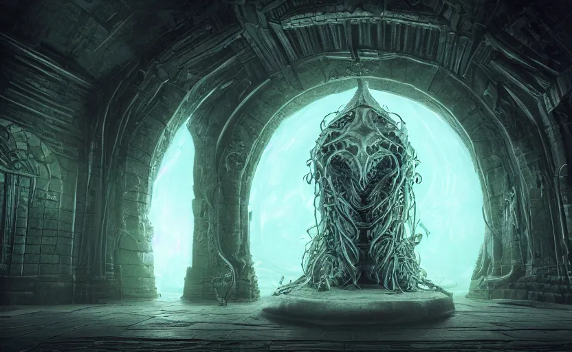 Image similar to priest in front of singular portal hell gate a realistic lovecraft cthulhu creature, filaments, translucent, photorealistic, hyperrealism, high resolution, ultra - detailed, by marc simonetti, natural volumetric lighting, realistic 4 k octane beautifully detailed render, 4 k post, vivid colors