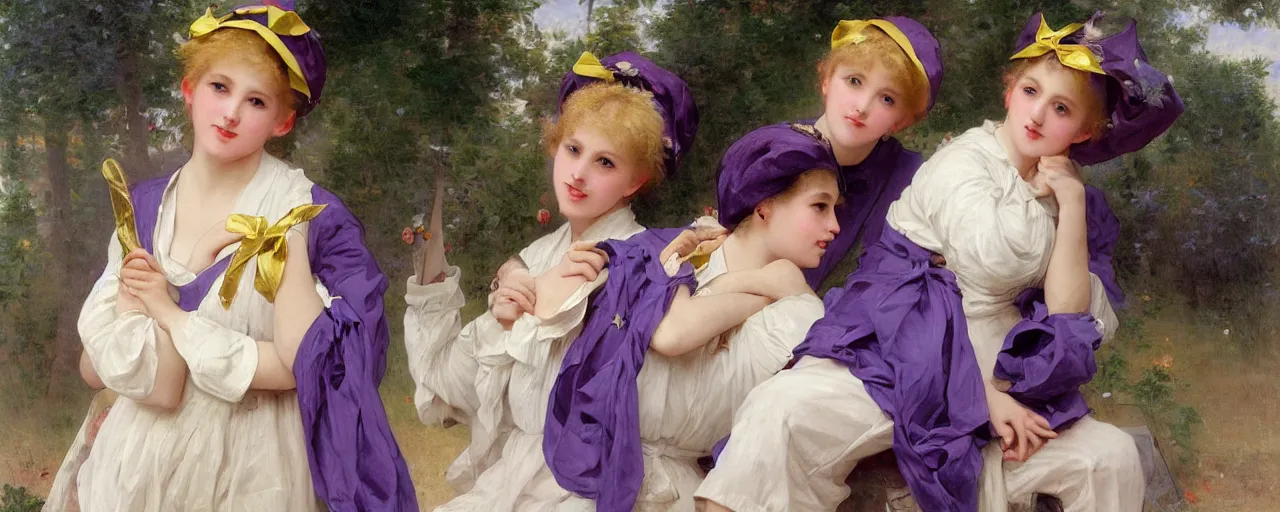Prompt: A character sheet of full body cute magical girls with short blond hair wearing an oversized purple Beret, Baggy Purple overall shorts, Short Puffy pants made of silk, pointy jester shoes, a big billowy scarf, Golden Ribbon, and white leggings Covered in stars. Short Hair. Sunlit. Haute Couture.Art by william-adolphe bouguereau and Paul Delaroche and Alexandre Cabanel and Lawrence Alma-Tadema. Smooth. Elegant. Highly Detailed. Intricate. 4K. UHD. Denoise.