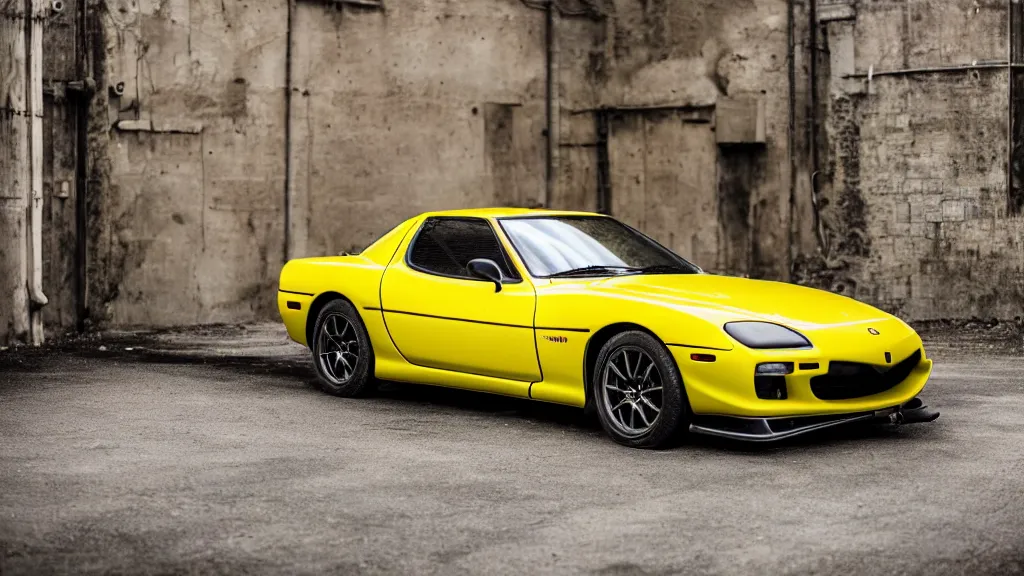 Prompt: a yellow mazda rx 7, cinematic, nikon d 7 5 0, long exposure, white balance, 8 k, led, lumen global illumination, fog, ray tracing reflections, fxaa, rtx, post - production