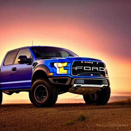 Image similar to a highly detailed photo of a ford raptor in alberta canada at sundown, 4 k high - resolution photograph, ultra detail, hd photo