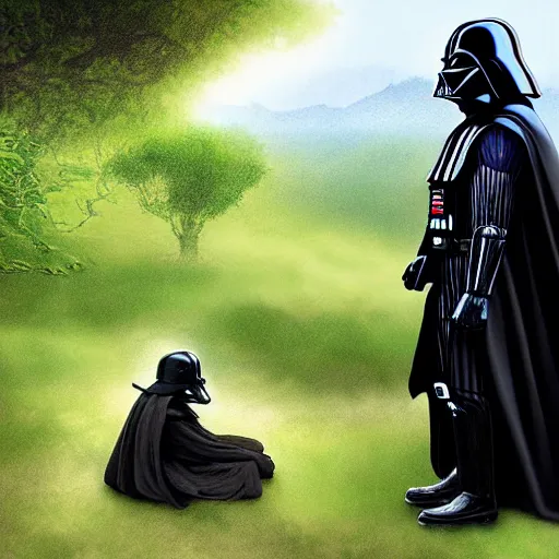 Prompt: darth vader visiting frodo in the shire, digital art,