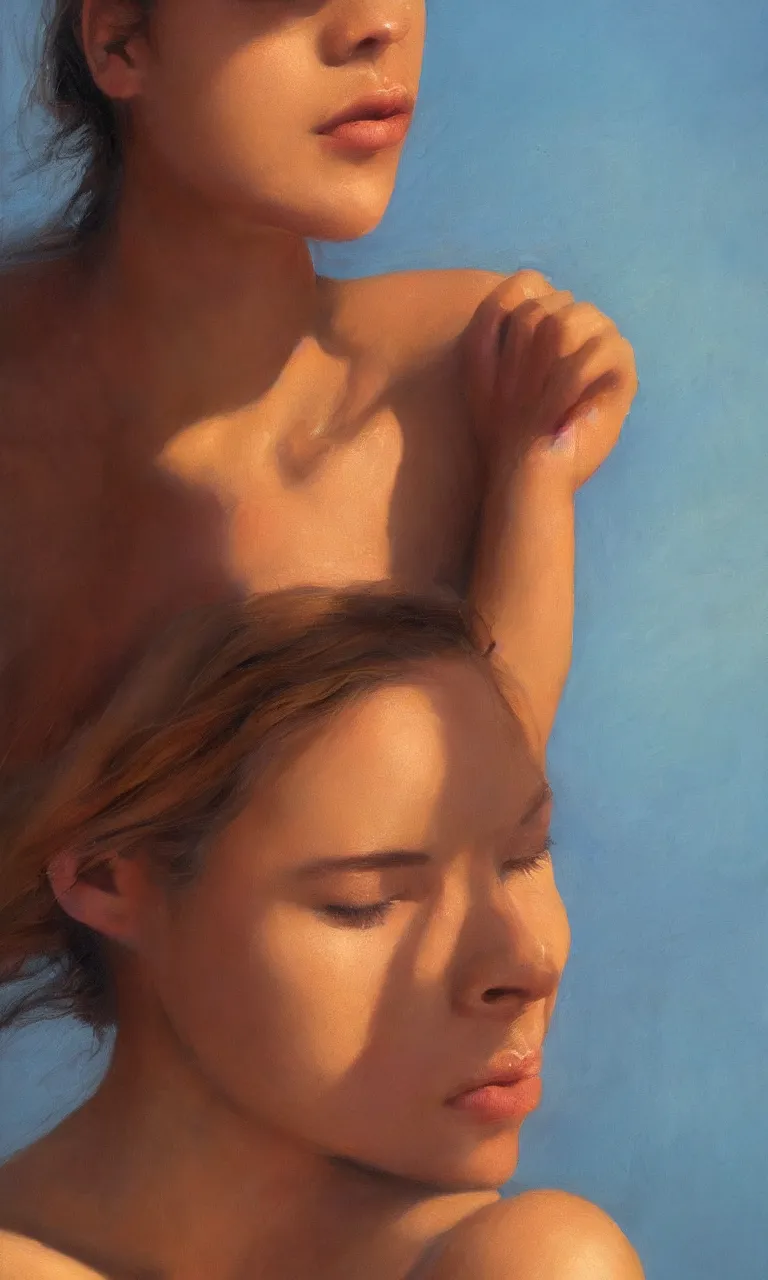 Image similar to a face portrait of a beautiful girl enjoying the warm sunlight, cuban setting, close - shot, symmetrical face, warm colors, soft lighting, atmospheric, cinematic, moody, in the style of diego koi, gina heyer, luiz escanuela, art by alyssa monk, hyperrealism, rule of thirds, golden ratio, oil on canvas, 8 k