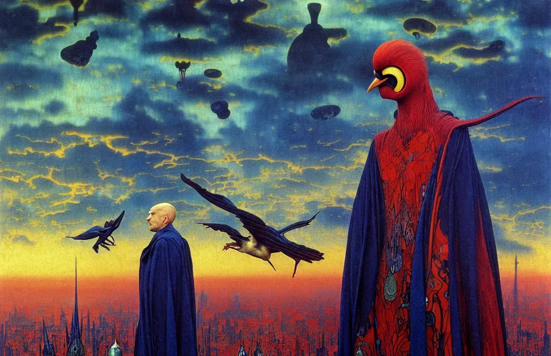 Prompt: realistic detailed portrait movie shot of a birdman wearing a dark robes, sci fi city landscape background by denis villeneuve, amano, yves tanguy, alphonse mucha, ernst haeckel, max ernst, roger dean, masterpiece, rich moody colours, dog teeth, blue eyes, sunset