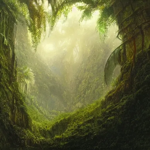 Prompt: Artwork of the Cinematic view of The Glittery Jungles by John Howe, Trending on artstation
