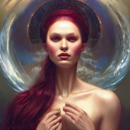 Prompt: a beautiful portrait of a celestial goddess by Jim Burns and Tom Bagshaw, Trending on Artstation