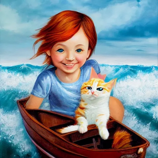 Prompt: oil painting of a young freckled redhead girl smiling and holding a kitten in a boat, in rough seas with large waves, dark clouds and lightning, depicted for a children\'s book