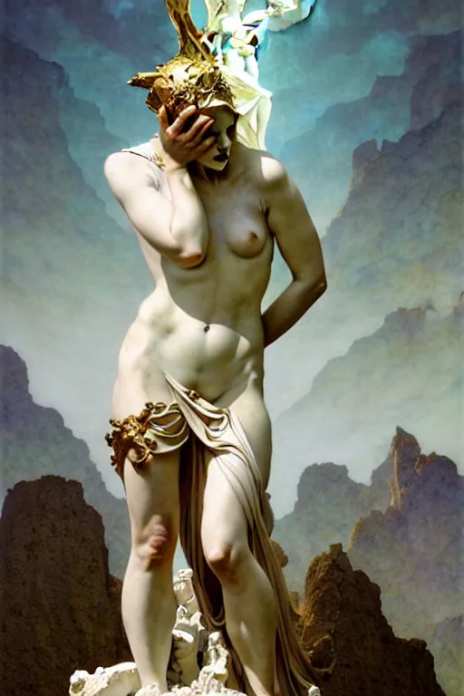 Prompt: Epic and painful view of Athena Crying statue sculpted on white stained marble by Bernini and kris kuksi, Bastien Lecouffe-Deharme, Maxfield Parrish, Mucha and Artem Demura