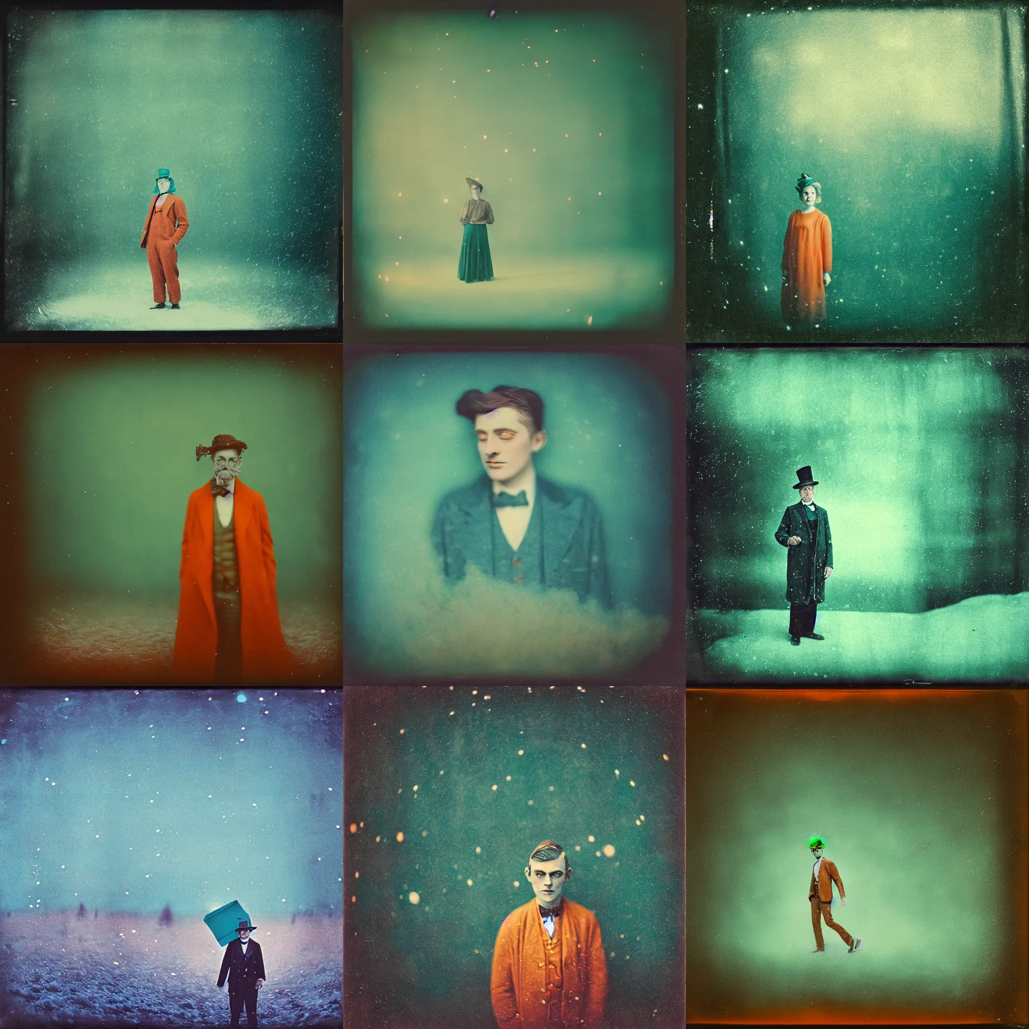 Image similar to kodak portra 4 0 0, wetplate, muted colours, teal orange, 1 9 1 0 s style, motion blur, portrait photo of a backdrop, sparkling, stargazer, snow, fog, by georges melies and by britt marling