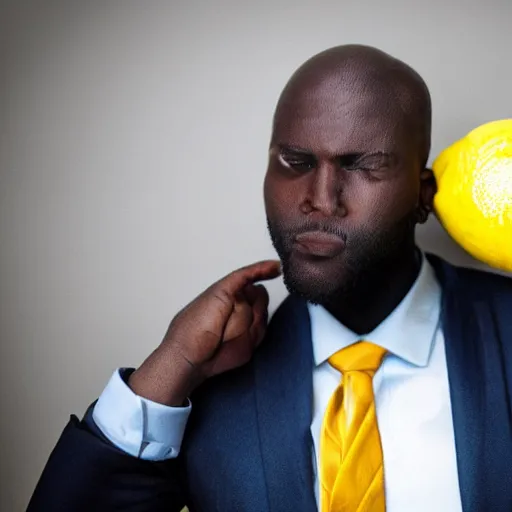 Image similar to a man wearing a suit lemon head