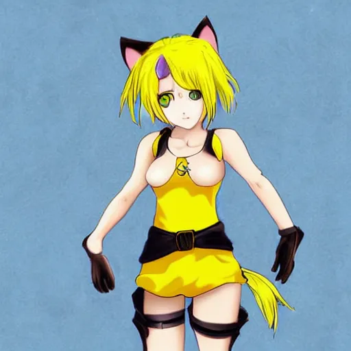 Prompt: anime little cat girl with yellow hair and blue eyes, wlop style