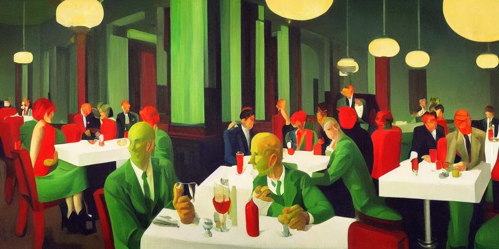 Image similar to green people at red art deco restaurant, open ceiling, highly detailed, painted by Edward Hopper, painted by James Gilleard, surrealism, airbrush