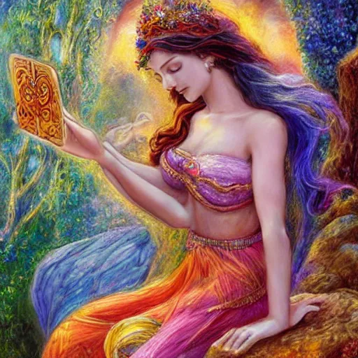 Image similar to goddess checking her phone, by josephine wall, trending on artstation, amanda sage