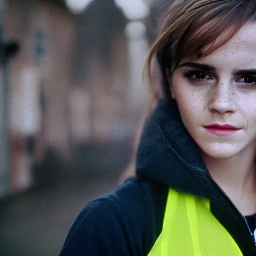 Image similar to photo, close up, emma watson in a hi vis vest, chewing tobacco, bulging lower lip, portrait, kodak gold 2 0 0,