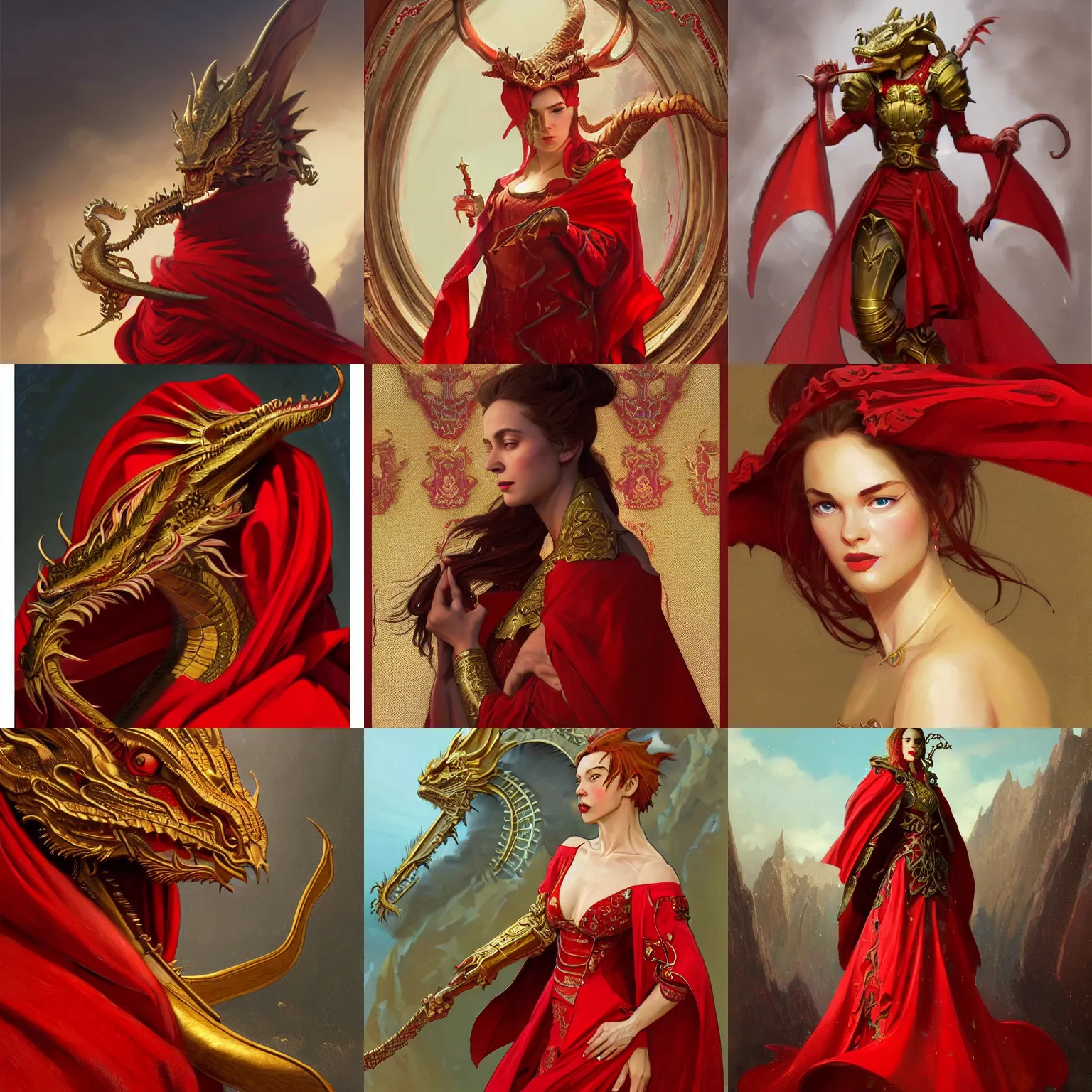 Prompt: portrait of a brass dragon wearing a red dress and a red cloak, fantasy, highly detailed, digital painting, artstation, concept art, character art, art by greg rutkowski and tyler jacobson and alphonse mucha