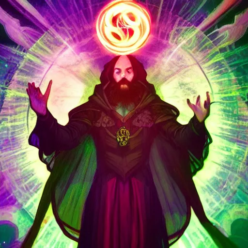 Image similar to a warlock is casting a magic spell while with magic orb floating in his hand , dynamic pose, chromatic aberration , medium level shot, Mucha style , Grim fantasy, illustration ,concept art,