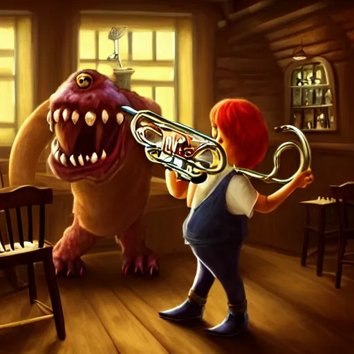 Image similar to monster playing trumpet in tavern to cheering patrons, artstation, fantasy