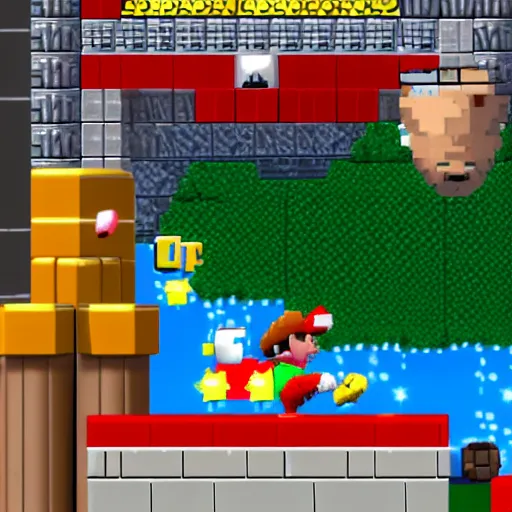 Image similar to dwayne the rock johnson as mario screenshot from mario game