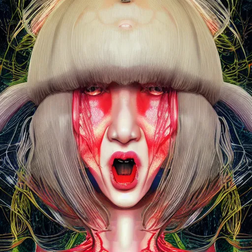 Image similar to portrait of crazy screaming beautiful singer sia kate isobelle furler, big ribbon, ymmetrical, by yoichi hatakenaka, masamune shirow, josan gonzales and dan mumford, ayami kojima, takato yamamoto, barclay shaw, karol bak, yukito kishiro