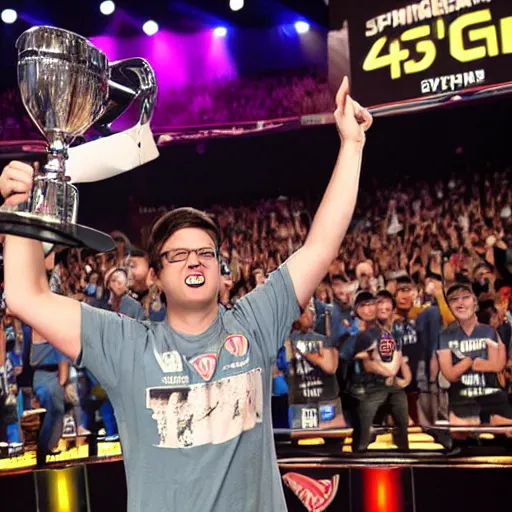 Prompt: Dwight Shrute winning a major E-Sports CS:GO tournament in a stadium in front of a crowd, lifting the trophy, 4k image