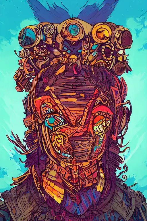 Image similar to totem animal tribal chaman vodoo mask feather gemstone plant wood rock video game illustration vivid color borderlands by josan gonzales and dan mumford radiating a glowing aura