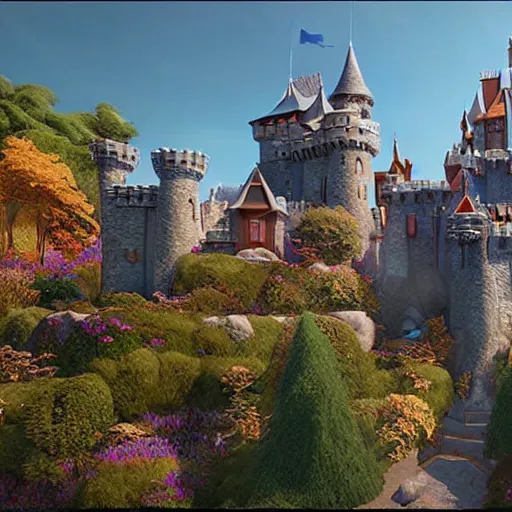 Image similar to a beautiful castle by disney, pixar, unreal engine, nvidia. extremely detailed, realistic, 8 k, golden hour, digital art, artststion