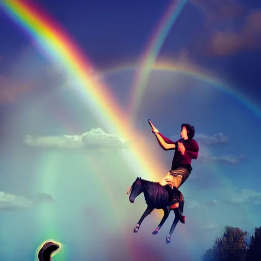 Image similar to guy vapes rainbows while riding a unicorn, hyper realistic, award winning photography, 8k, colourful,