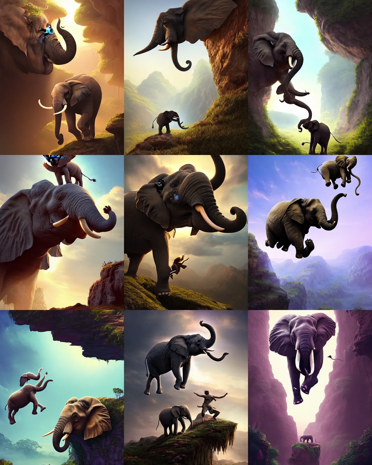 Prompt: kids fantasy sketch of an elephant jumping off the cliff, fantasy, intricate, epic lighting, cinematic composition, hyper realistic, 8 k resolution, unreal engine 5, by artgerm, tooth wu, dan mumford, beeple, wlop, rossdraws, james jean, marc simonetti, artstation