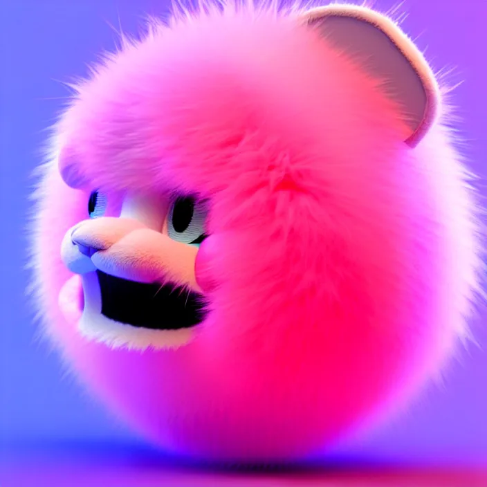 Image similar to high quality 3 d render hyperrealistic very cute big spherical creature, whiskers, plush mascot, short spiky dense fluffy smooth hair, isometric 3 d, psychedelic lighting pink fluffy fur 1 cm long, 1 5 0 mm, smooth background, artstation, ultra detailed, elegant, ultra detailed, octane render