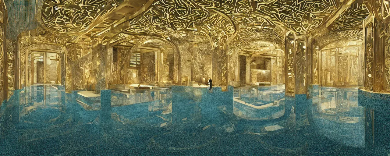 Prompt: interior of a double height hyper luxury spa with everything made of gold, candles, beige stone marble floor, wellness relaxation pool, intricate hieroglyph detailed roof, contemporary design, sacred geometry, 8 k, hyperrealistic, photorealism, windows with view to wadi al disah mountains