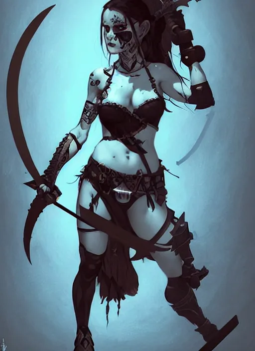 Image similar to portrait of cute goth muscular warrior girl cowered in celtic tattoos, dressed in armor bikini, holding a sword, dark fantasy, by atey ghailan, by greg rutkowski, by greg tocchini, by james gilleard, by joe gb fenton, by kaethe butcher, dynamic lighting, gradient light blue, brown, blonde cream and white color in scheme, grunge aesthetic