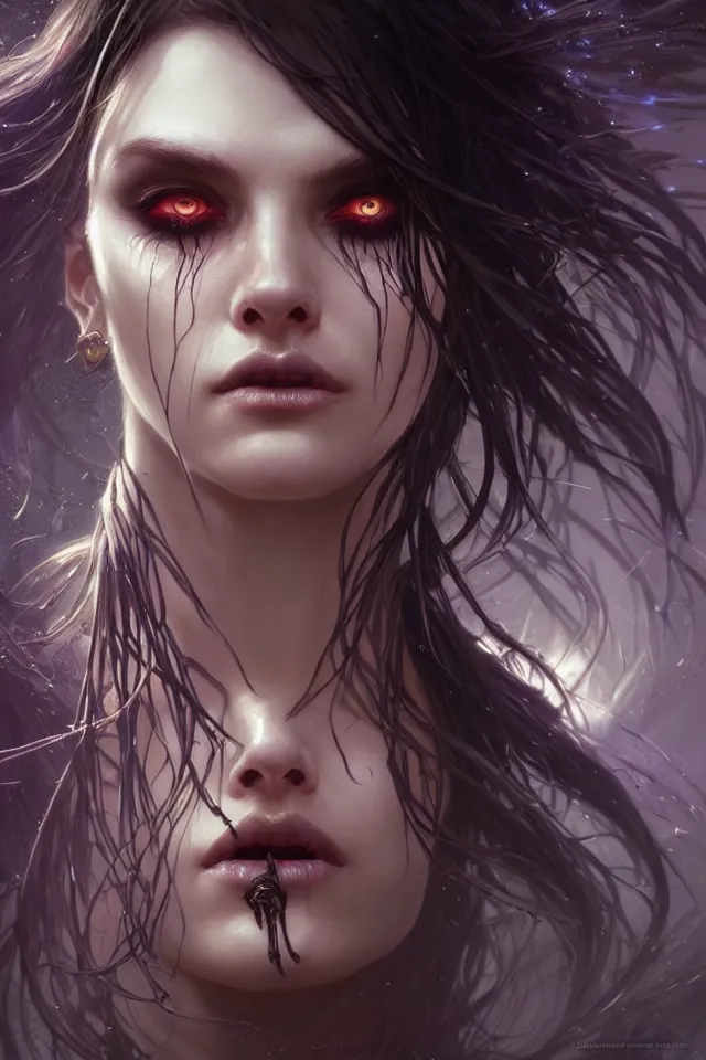 Image similar to Necromancer Sorceress face close-up macro in center, fantasy magic, undercut hairstyle, dark light night, intricate, elegant, sharp focus, illustration, highly detailed, digital painting, concept art, matte, art by WLOP and Artgerm and Greg Rutkowski and Alphonse Mucha, masterpiece