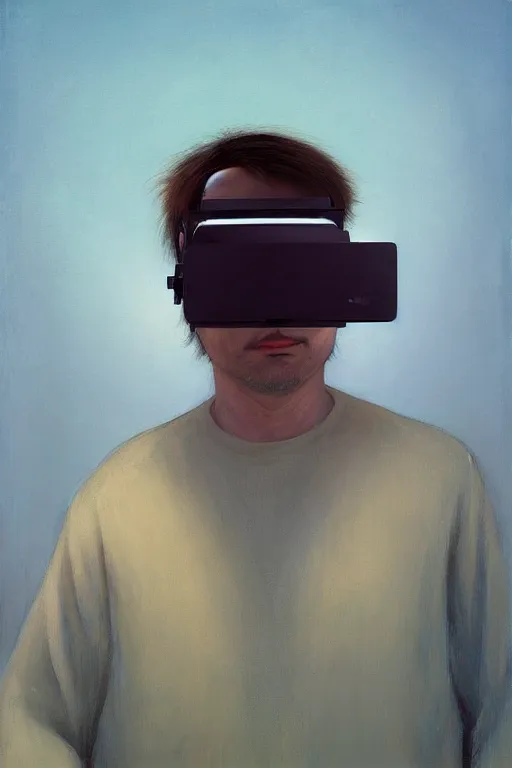 Image similar to Satoshi Nakamoto wearing oculus and bitcoin over his head Edward Hopper and James Gilleard, Zdzislaw Beksisnski, highly detailed