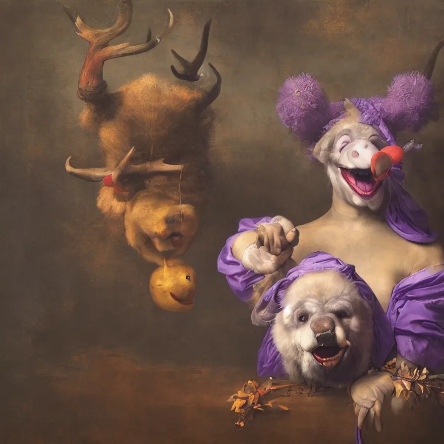 Prompt: rare hyper realistic portrait painting by italian masters, symmetrical composition, rembrandt lighting, purple room, a blue rubber duck with antlers laughing at a giant laughing white bear with a clown mask