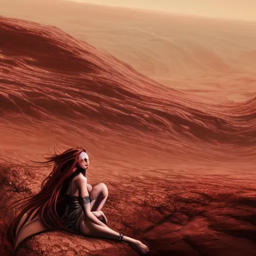 Prompt: Still of a Martian woman with gorgeous flowing hair on Mars, sitting on a Martian rock, photorealistic facial features, reddish atmosphere with detailed highlights, dark gloomy sky cascading upon the atmosphere, well-detailed ornate Martian mountains in the background, trending on artstation, 4k, 8k